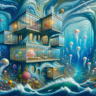 The primary subject of the image is a large, multi-story building with many windows. The building is situated in a blue ocean, surrounded by a variety of sea creatures. These creatures include fish, jellyfish, and other aquatic animals. The visual style of the image is digital art, with a vibrant and colorful atmosphere. The colors and mood of the image are lively and dynamic, capturing the essence of the ocean and its inhabitants.